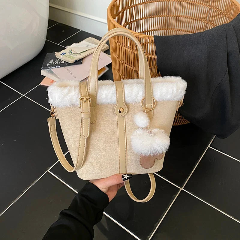 Winter Plush Bag Women'S Retro Small Handbags Clutch Bag New Faux Suede Matching Lamb Wool Bucket Shoulder Crossbody Bags