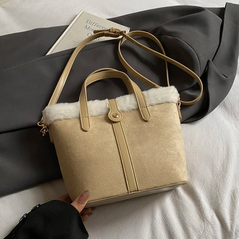 Winter Plush Bag Women'S Retro Small Handbags Clutch Bag New Faux Suede Matching Lamb Wool Bucket Shoulder Crossbody Bags